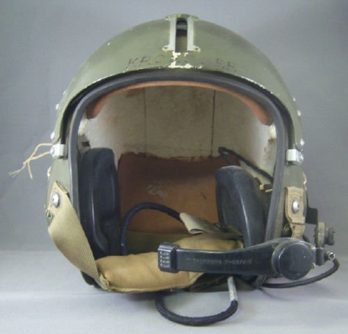 Sierra Eng APH5 Flight Helmet w/ Comm Boom: Vintage Sierra MFG PN561-31 Flight Helmet w/ Communications Boom and Visor - KROESSER' Written on Visor - Few Scuffs or Marks on Surface - Label on Inside Reads: "STOCK NO. 8475-57-4142 APH-5 HELMET, 