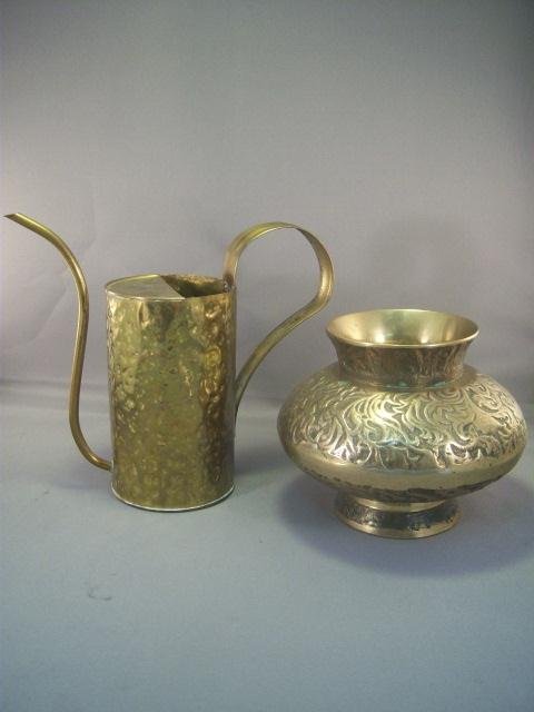 Vintage Copper Urn and Brass Watering Pot: Vintage Copper Urn and Brass Watering Pot - Urn is 5 Tall x 6" Wide - Watering Pot is 7 1/4" Tall and 8 1/2" Wide From Spout to Handle"