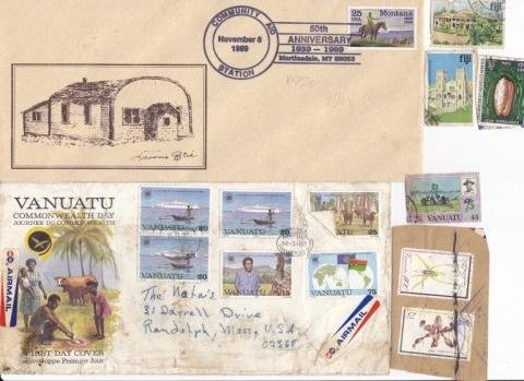 Assorted Stamps and First Day Covers: Three Stamps from Vanuatu, Two Stamps from Fiji, One Stamp from Hebrides, First Day Cover from Vanuatu(1983), & First Day Cover Montana(1989)