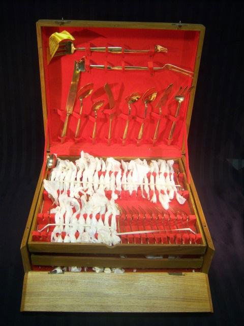 Vintage 143 Piece Brass Dinnerware Set in Box: Vintage 143 Piece Brass Silverware Set in Box - Made by Jim's Gems Thailand - Most Pieces Still in Tissue Paper - In Overall Good Condition - Box Measures 18 1/2 x 16 1/2" x 7""