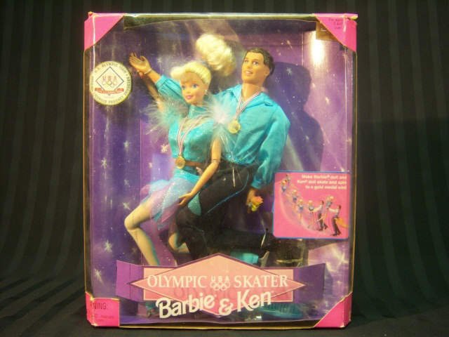 6 - Sports Themed Barbies in Boxes: 6 - Sports Themed Barbies in Boxes - 1 Olympic Skate Barbie and Ken with Damage to Box (Mattel 18726) - 1 Super Gymnast Teresa Friend of Barbie (Mattel 55292 - 1 USA Swimming Champion Barbie (Mattel 2