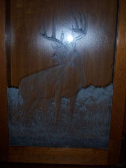 418: Wood Gun Cabinet with Deer Etching in Glass : Lot 418