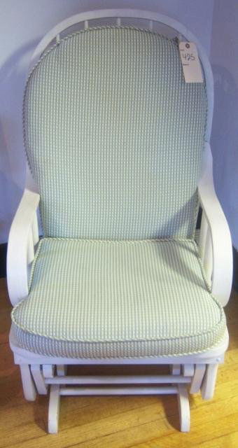 Vintage White Wooden Glider Rocker with Cushion: Vintage White Wooden Glider Rocker with Cushion - Has Slight Wearing on Finish - Fabric and Cushion in Good Condition - Measures 23 x 23" x 40""