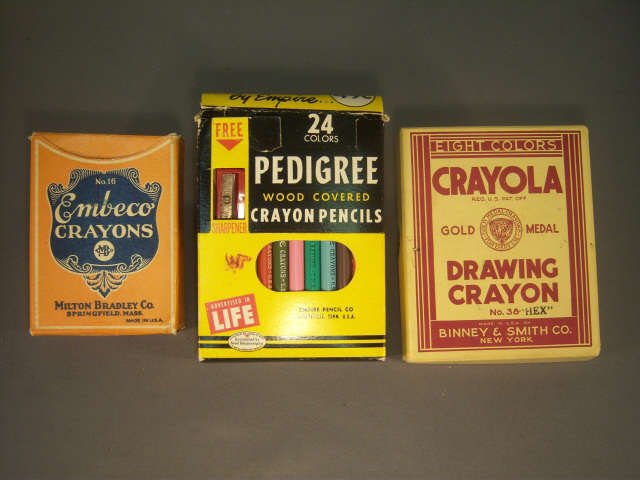 3 Vintage Packs of Crayons in Boxes: 3 Vintage Packs of Crayons in Boxes - 1 Milton Bradley Co Emeco Crayons - 1 Pedigree 24 Colors Wood Covered Crayon Pencils with Free Sharpener - 1 Crayola Eight Colors Gold Medal Drawing Crayons