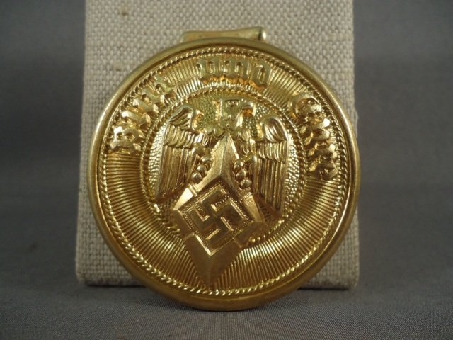 German Hitler Youth HJ General's Officer Belt Buck: German World War II Hitler Youth HJ General's Officers Belt Buckle. Maker marked 'RZM M4/116'. Includes one keeper. Gilted aluminum construction