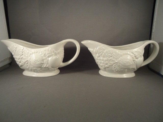 2 - Gibson White Gravy Boats: 2 - Gibson White Gravy Boats - Fruit Pattern on Both - 9 Handle to Spout and 4" Tall"