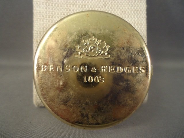 Vintage Benson & Hedges Brass Portable Ashtray: Vintage Benson & Hedges Brass Portable Ashtray - Push Button Operation with Hinged Lid - Leaf Opens Up to Rest a Cigarette On - Used but in Very Good Condition