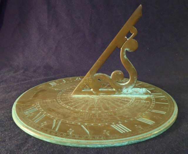 Virginia Metalcrafters Glynn Sundial Reproduction: Virginia Metalcrafters Glynn Sundial Reproduction - The SMITHSONIAN COLLECTION (23-11) - Dial Size 12 3/8" Diameter 7" Height - Brass Construction - Beautiful Patina on Brass Surfaces due to being Out
