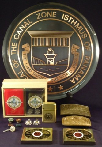 14 Assorted Panama Canal Zone Items: 14 Assorted Panama Canal Zone Items - Canal Zone Metal Plate Measures 11 5/8" - The Panama Canal Golden Anniversary Playing Cards - Storm Master Canal Zone Lighter (Never Used) - 2 Canal Zone Forever 