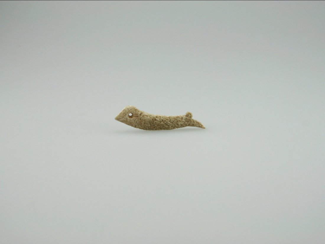 A Chinese Fish Shaped Jade Pendant, Shang Dynasty: Of arc-shaped, its eye represented by a perforation drilled from both sides, its head slightly rises up, a pristine decoration. L: 6.5 cm