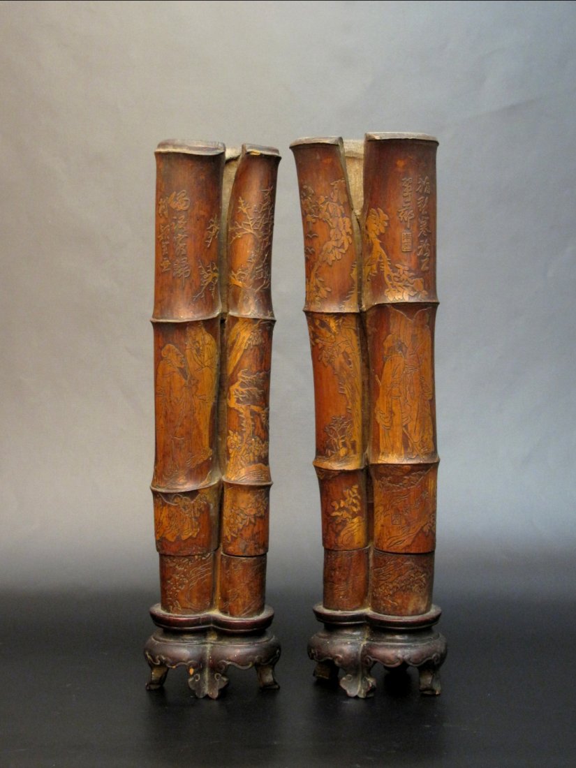 A Pair of Chinese Bamboo Carving: Of tall and slender form. H:38 cm