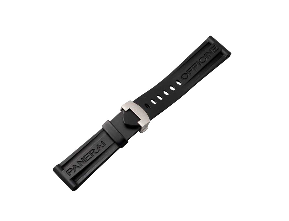 Officine Panerai Rubber Watch Band 24MM Deployant Clasp: 24mm black rubber Officine Panerai watch strap with a push button stainless steel Panerai deployant buckle. Deployant buckle signed Officine Panerai Swiss made. Italian made Panerai rubber strap. Come