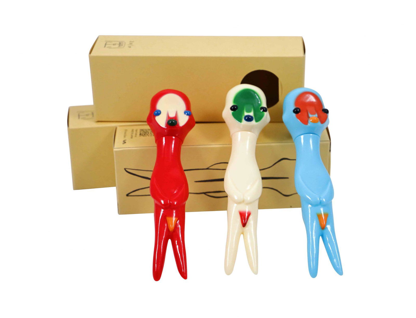 Izumi Kato x Linden Sofubi 3 Figure Set Red White Blue: Artist: Izumi Kato Title: Soft Vinyl Sculptures - Set of 3 Toys - Red, White, and Blue Medium: Soft vinyl Sofubi Collaboration: Red Soft Vinyl (Perrotin x Linden Toy), White & Blue Soft