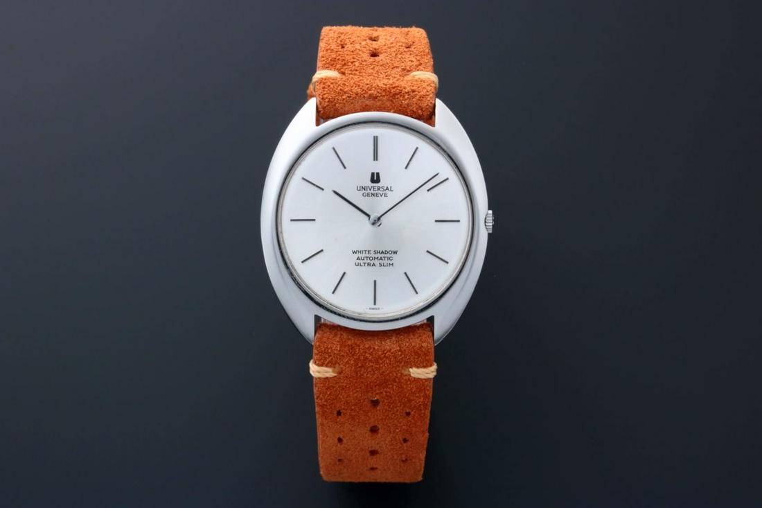 Universal Geneve White Shadow Watch 866101: Vintage gents stainless steel Universal Geneve White Shadow wristwatch, ref #866101. Silver Universal Geneve dial with applied silver hour markers. Swiss made, automatic mechanical movement. Solid cas
