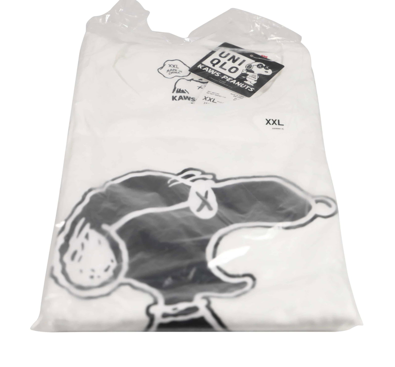 KAWS x Peanuts Snoopy T Shirt XXL White: Artist: KAWS Title: Snoopy T Shirt – White Colorway Collaboration: Peanuts x Uniqlo Size: 2X-Large Edition: 2017 Provenance: Private collection