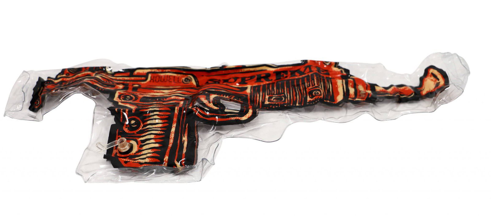 Andy Howell Supreme Inflatable Vinyl Pillow Orange: Artist: Andy Howell Title: Toy Uzi Inflatable Pillow - Orange version Medium: Vinyl Collaboration: Supreme Approximate Dimensions: 25in x 13in Edition: 20
