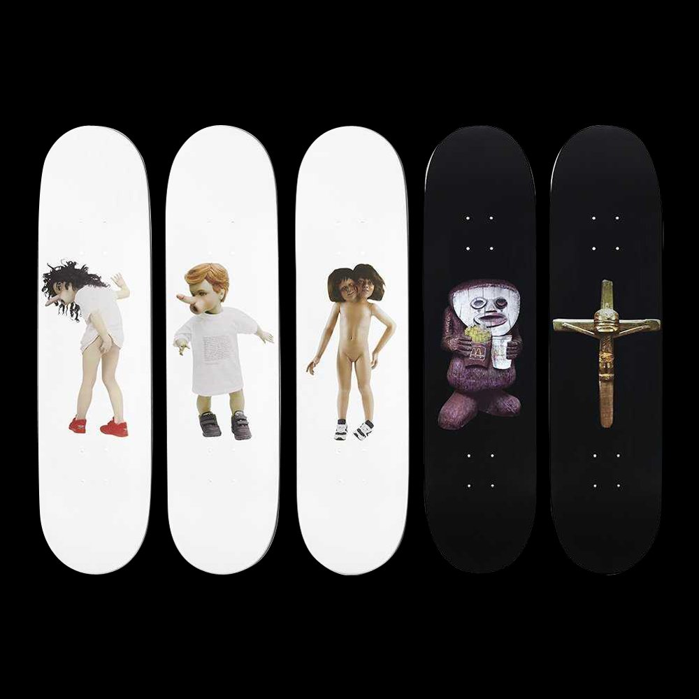 Chapman Brothers x Supreme Skateboards Deck Set of 5: Artist:Â Chapman Brothers - Jake Chapman & Dinos Chapman Title:Â 5 Skateboard DecksÂ with printed signature of the artist Medium:Â Â Skateboard Collaboration:Â Supreme Edition:Â Â