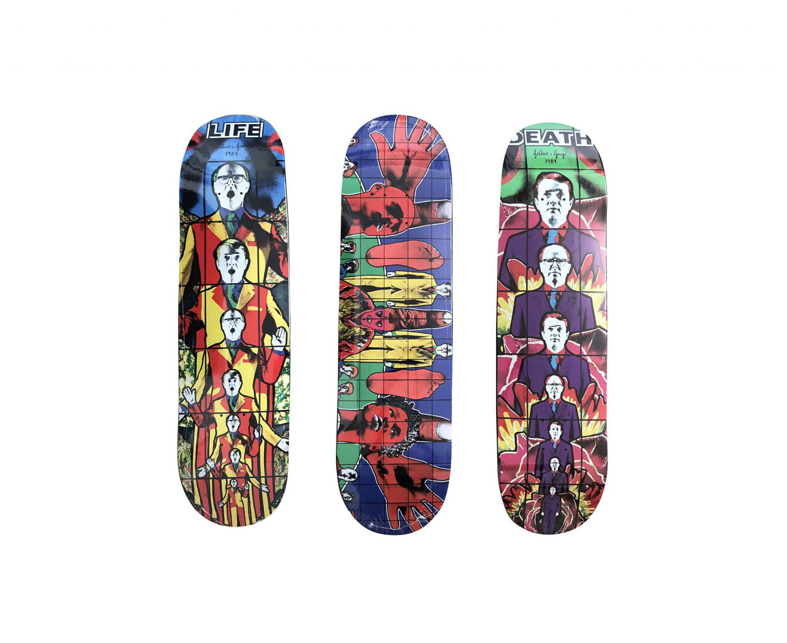 Gilbert & George x Supreme Skateboard Skate Deck Set: Artist: Gilbert & George Title: Life, Death, Death After Live Skateboards Set of 3 Medium: Skateboard Collaboration: Supreme Edition: 2019 Provenance: Private collection Condition Rep