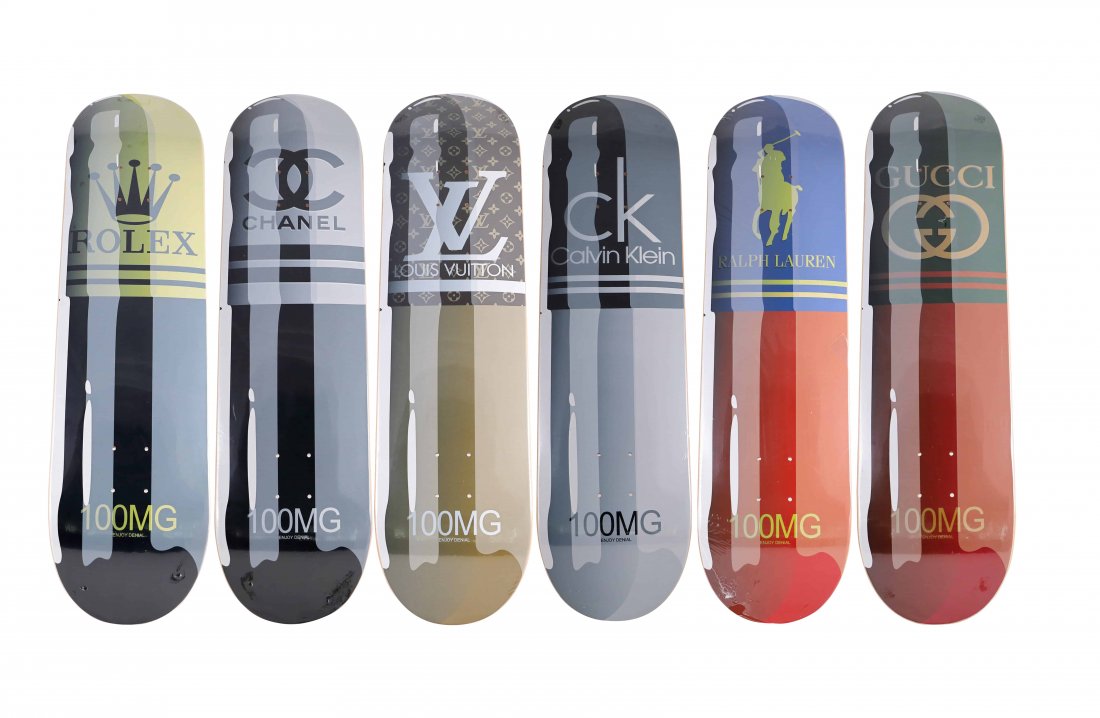 Denial Addict Pill Skateboard 6 Deck Set: Artist: DenialTitle: Louis Vuitton, Calvin Klein, Rolex, Channel, Ralph Lauren, GucciMedium: SkateboardCollaboration: 1xRUNEdition: 2018Provenance: Private collectionCondition Report: Never been displ