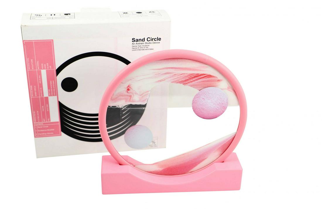 Daniel Arsham Pink Sand Circle Sculpture Limited: Artist: Daniel Arsham Title: Pink Sand Circle Sculpture. Limited Edition of 500. Medium: Glass, sand, liquid, and exoplanet decals. Approximate Dimensions: One size Edition: 2019. Limited editi