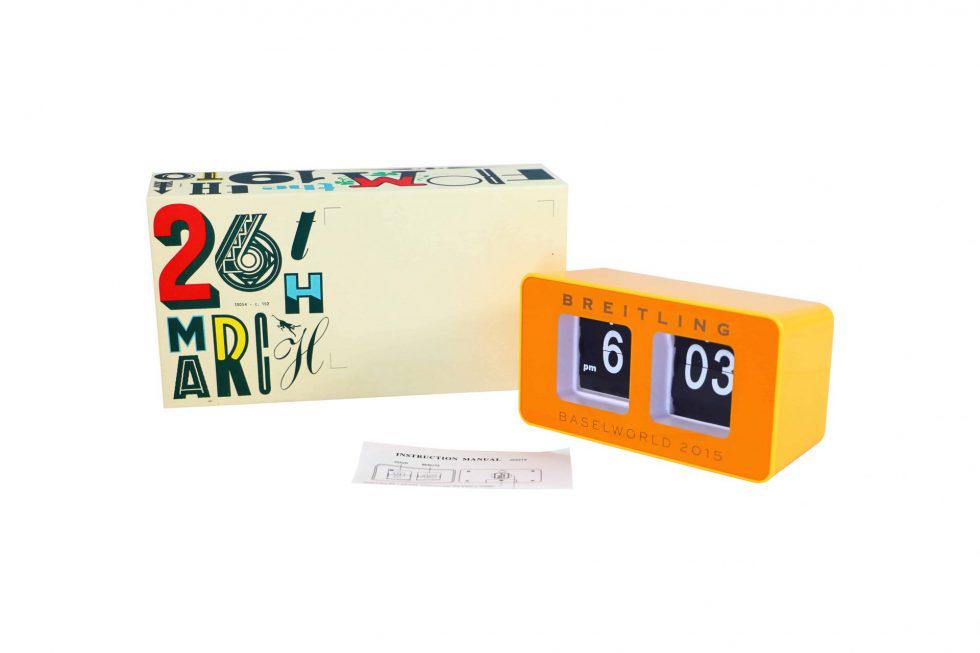 Breitling Baselworld 2015 Desk Flip Clock with Box: Brand: Breitling Dimensions Approximate: 7 x 2.75 x 3.5 inches Description: Battery operated. Batteries not included. Condition: Has areas of wear and scuffing throu