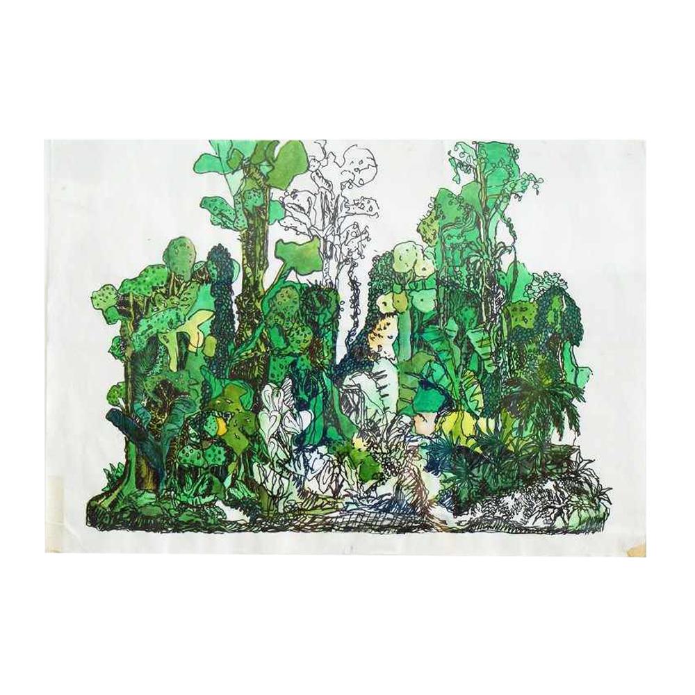 Yutaka Sone Ink and Watercolor Framed Drawing for: Artist: Yutaka Sone Description: Drawing for Jungle #1 Medium: Ink and watercolor on two joined pieces of paper. Tan wood frame. Approximate Dimensions (L x H): 14 in x 20 in Work. 21.5 in x 27.5