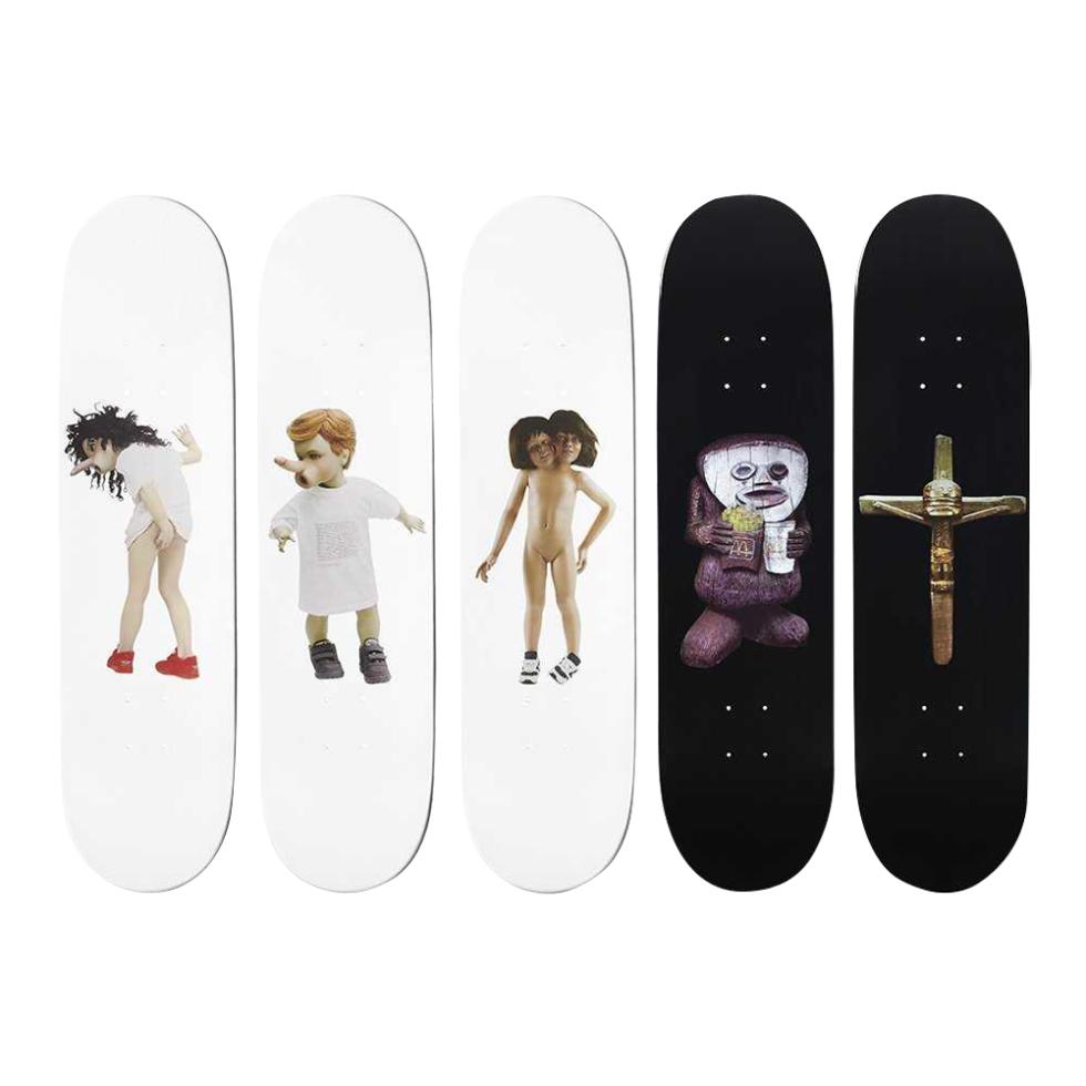 Chapman Brothers x Supreme Skateboards Skate Deck Set: Artist: Chapman Brothers – Jake Chapman & Dinos Chapman Title: 5 Skateboard Decks with printed signature of the artist Medium: Skateboard Collaboration: Supreme Edition: 2012 Pro
