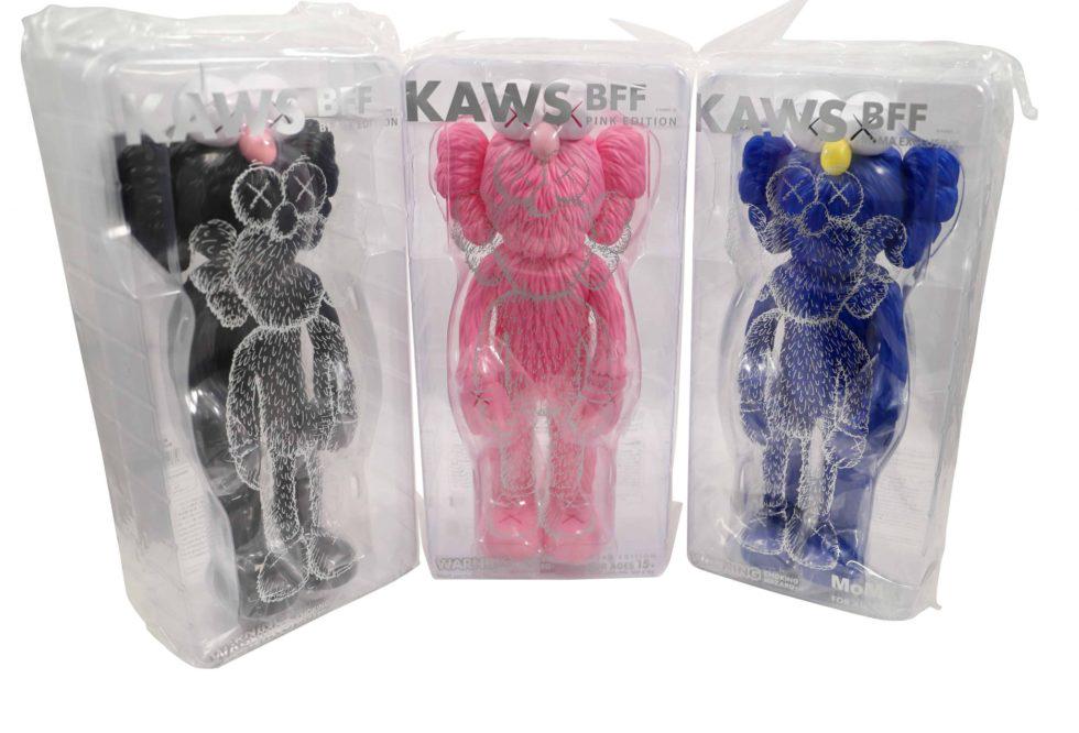 KAWS BFF Pink, Black, Blue 3 Figure Set Sealed: Artist: KAWS Title: BFF Figures – Set of 3 – Pink, Black, & Blue Medium: Vinyl Collaboration: BFF Blue x MOMA Approximate Dimensions: 13in Edition: Pink (Cira 2018), Blue (C