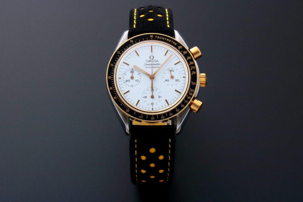 Omega Speedmaster Yellow Gold & Steel Watch White Dial: Brand: Omega Model: Speedmaster Reference: #175.0032 or #175-0032 or #1750032 Diameter: 39mm Dial Color: White Case Material: