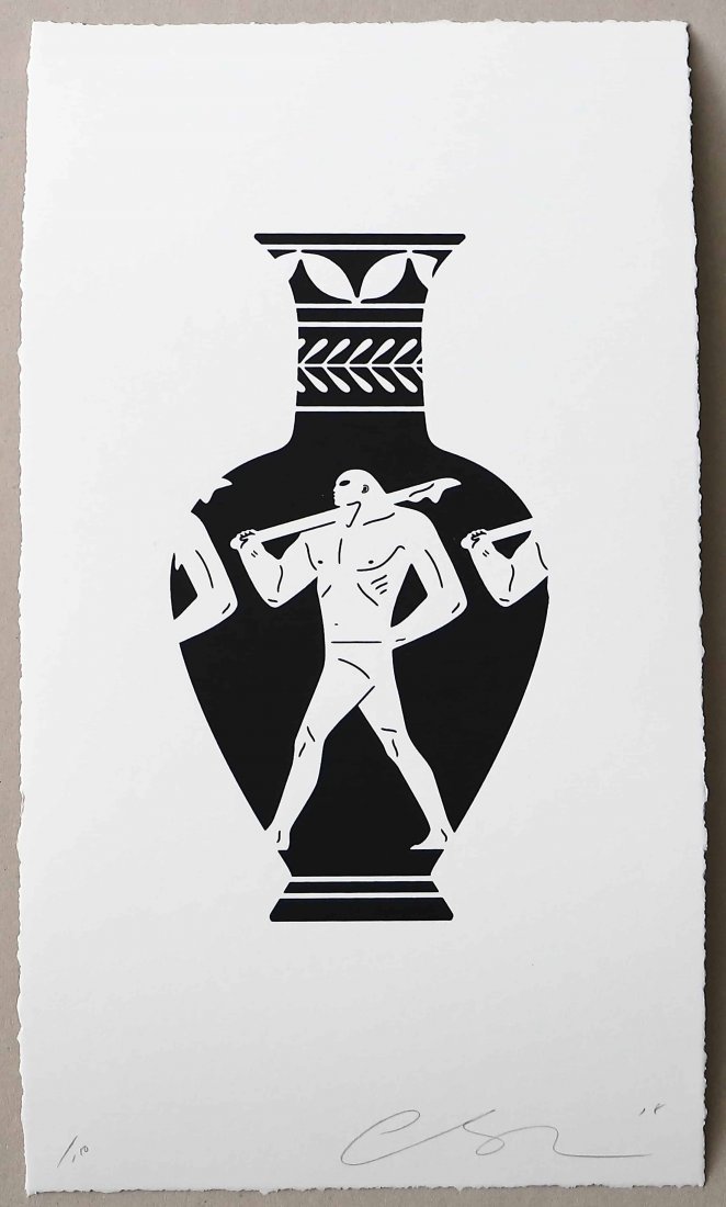 Cleon Peterson End Of Empire Lekythos Print White LTD: Artist: Cleon PetersonTitle: End Of Empire Lekythos. Limited Edition of 150.Description: Hand pulled black and white screen print. Printed on 290gsm Coventry Rag paper with deckled edges. Unframed.App