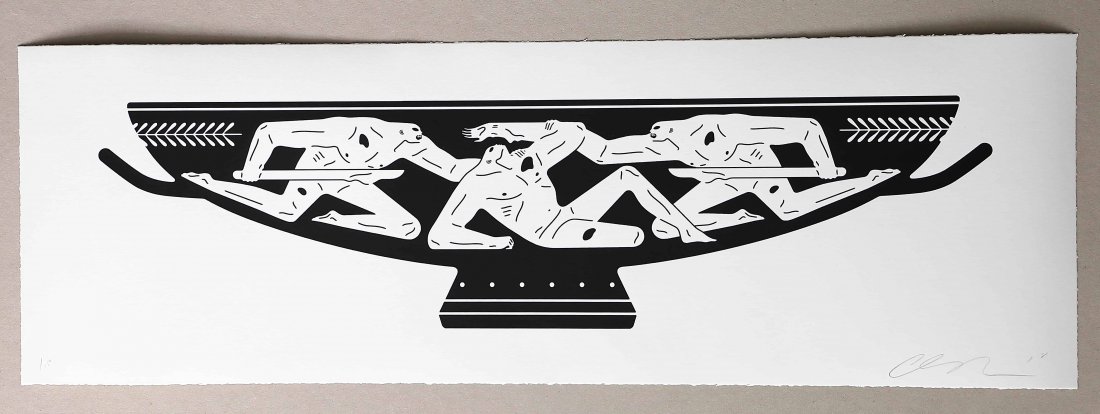 Cleon Peterson End Of Empire Kylix Screen Print White: Artist: Cleon PetersonTitle: End Of Empire Kylix. Limited Edition of 150.Description: Hand pulled white and black screen print. Printed on 290gsm Coventry Rag paper with deckled edges. Unframed.Approx