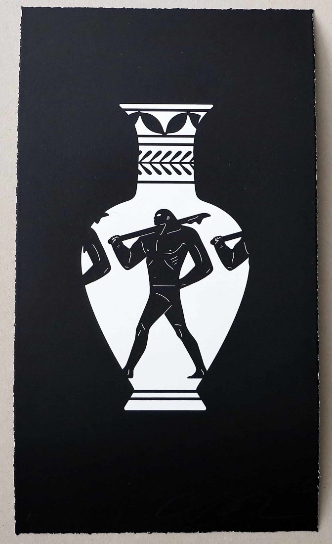 Cleon Peterson End Of Empire Lekythos Screen Print LTD: Artist: Cleon PetersonTitle: End Of Empire Lekythos. Limited Edition of 150.Description: Hand pulled black and white screen print. Printed on 290gsm Coventry Rag paper with deckled edges. Unframed.App