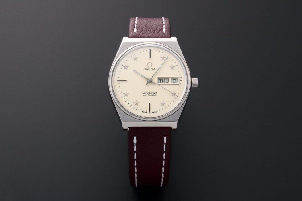 Omega Seamaster Day Date Star Dial Watch 166.0210: Brand: Omega Model: Seamaster Day Date Reference: #166.0210 or #166.0210.1 Diameter: 35mm Dial Color: Ivory color with applied silver stars and b
