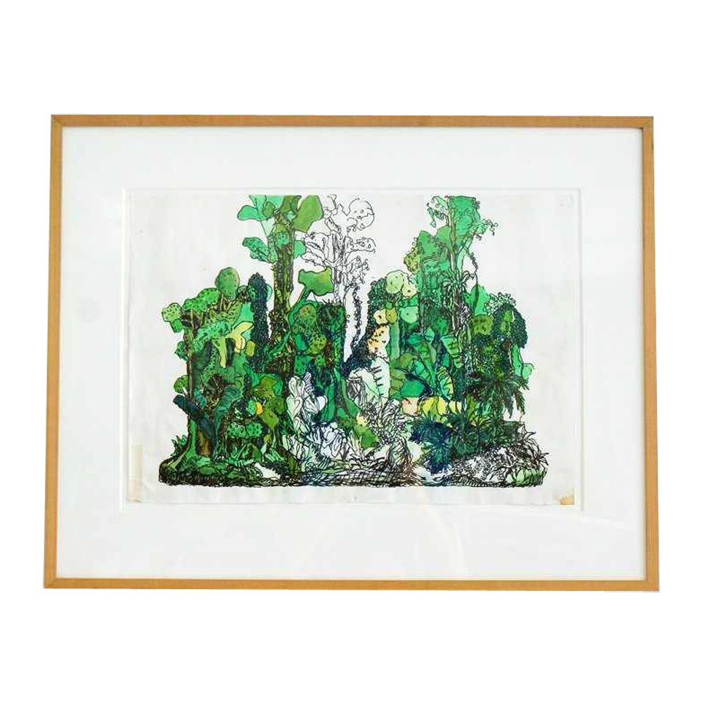 Yutaka Sone Ink and Watercolor Framed Drawing for: Artist: Yutaka Sone Description: Drawing for Jungle #1 Medium: Ink and watercolor on two joined pieces of paper. Tan wood frame. Approximate Dimensions (L x H): 14 in x 20 in Work. 21.5 in x 27.5