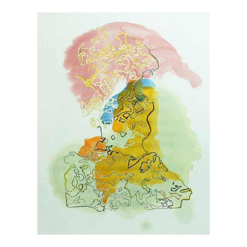 Anne Chu Watercolor On Paper Framed Rock One: Artist: Anne Chu Description: Rock One Medium: Watercolor on paper. Tan wood frame. Approximate Dimensions (L x H): 30 in x 22 in Work. 35.5 in x 40 in Frame. Edition: 2006 Provenance: