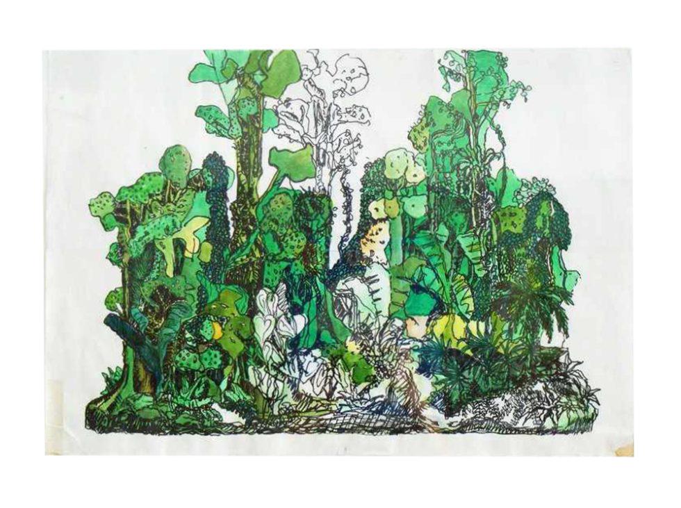 Yutaka Sone Ink and Watercolor Framed Drawing for: Artist: Yutaka Sone Description: Drawing for Jungle #1 Medium: Ink and watercolor on two joined pieces of paper. Tan wood frame. Approximate Dimensions (L x H): 14 in x 20 in Work. 21.5 in x 27.5 in F