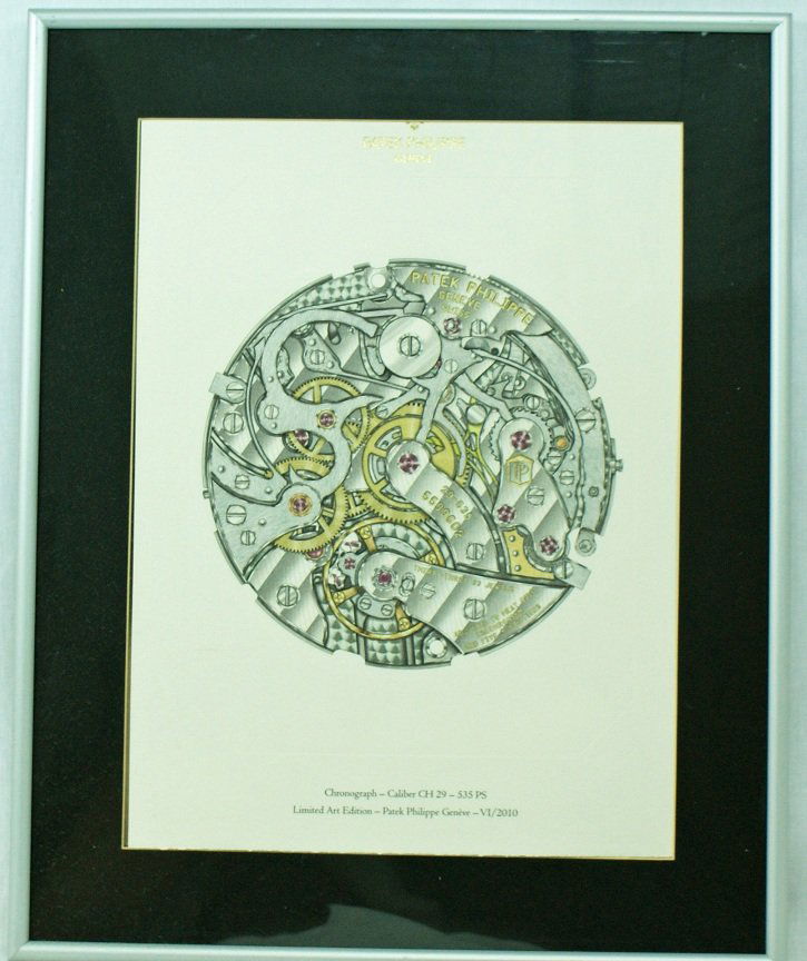 Patek Philippe Chronograph Caliber 29-535 PS Lithog: Rare Patek Philippe Caliber 29-535 PS watch lithograph depicting a chronograph movement. This caliber is used with models such as the 7071R. Limited Art Edition by Patek Philippe Geneve from 2010. Pri