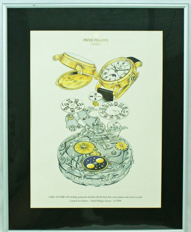 Patek Philippe Caliber 3I5 SQR Lithograph #5059 Per: Rare Patek Philippe Caliber 3I5 SQR lithograph depicting Ref #5059 Perpetual Calendar watch. Limited Art Edition by Patek Philippe Geneve from 1999. Printed in limited quantities exclusively for Patek