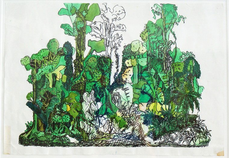 Yutaka Sone "Drawing for Jungle #1" Ink and Waterco: Yutaka Sone "Drawing for Jungle #1" ink and watercolor on two joined pieces of paper, dated 1999. It comes in a frame which is approximately 21.5" x 27.5." Biography: Yutaka Sone (b. 1965, Japan) work