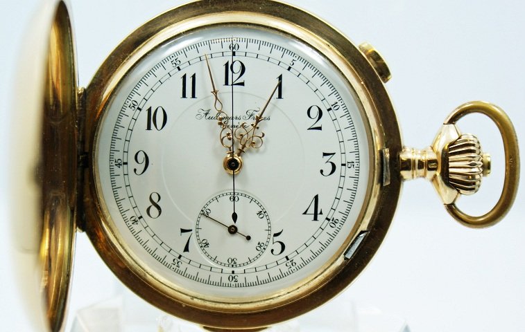 14k Yellow Gold Audemars Freres Swiss 1/4 Hour Rep: 14k Yellow gold Audemars Freres Swiss 1/4 hour repeater chronograph Hunter case pocket watch. Double sunken white enamel dial with painted Arabic numerals, five minute track, and subsidiary seconds. T