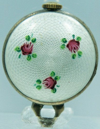 Sterling Silver Enamel Bucherer Swiss Pendant Pock: Silver Bucherer pendant watch with enamel floral design, comes on a chain with enamel links.