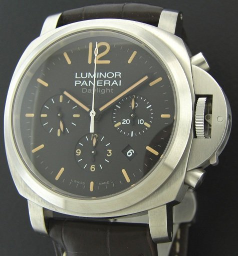 Officina Luminor Panerai Daylight PAM356 Watch: Stainless steel Officina Luminor Panerai "Daylight" chronograph, Swiss made watch, black dial, automatic movement, dark brown Panerai alligator strap with a stainless steel deployant buckle. Limited e