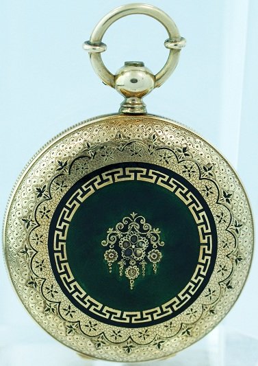 14k Yellow Gold Jule Mathey Hunters Case Swiss Enam: 14k yellow gold Jule Mathey Hunting case enamel pocket watch, Swiss made, white enamel dial with painted black Roman numerals. Key set and key wound movement. Winding key not included. Front and back 