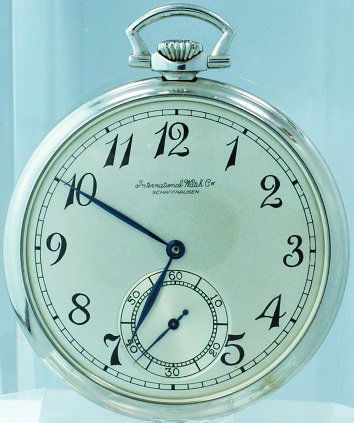 Staybrite IWC Schaffhausen Caliber 97 Pocketwatch: Staybrite open face IWC International Watch Co pocket watch. It has an IWC Probus Scafusia signed caliber 97. The silver International Watch Company dial has painted black Breguet style hour markers w