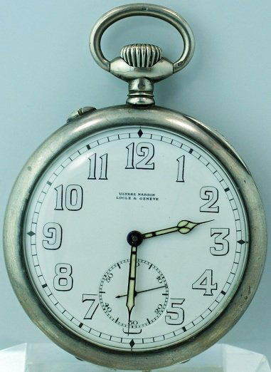 Silver IWC Corps of Engineers Ulysse Nardin Pocket: Silver open face Ulysse Nardin Corps of Engineers USA pocket watch. The case back is signed and numbered "Property of Corps of Engineers USA." The white enamel dial is signed Ulysse Nardin Locle & Gen