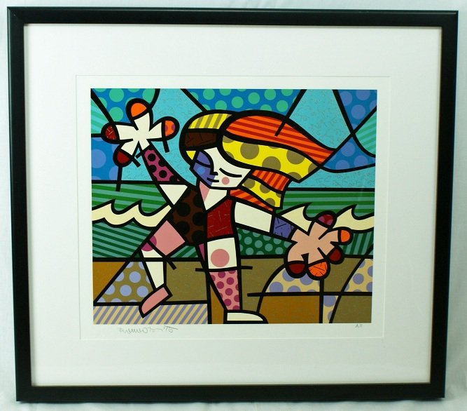 Romero Britto Golden Beaches Serigraph Signed AP: Romero Britto "Golden Beaches" serigraph, hand signed, AP (artist`s proof). Black wood frame.