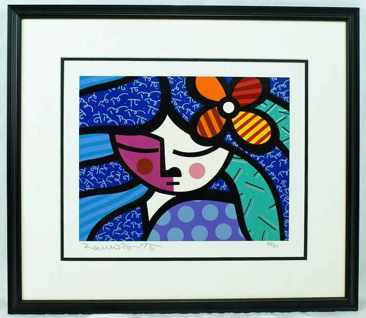 Romero Britto Girl With Flower Signed Serigraph: Romero Britto "Girl with Flower" serigraph, hand signed by Britto. It`s limited to 300. It comes in a black frame which is approximately 23 - 2/8" x 20 - 1/2." Current retail is approximately $2,550.0