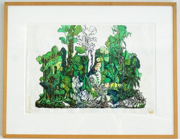 Yutaka Sone Ink and Watercolor Drawing: Yutaka Sone "Drawing for Jungle #1" ink and watercolor on two joined pieces of paper, dated 1999. David Zwirner Gallery label on verso. Biography: Yutaka Sone (b. 1965, Japan) works in a wide range of