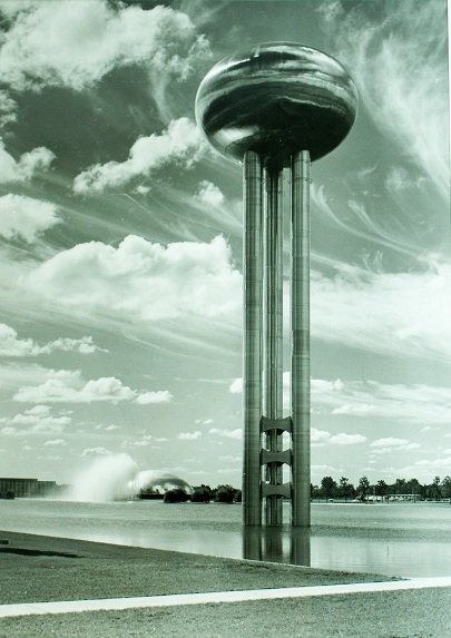 Ezra Stoller GM Water Tower Photo: Ezra Stoller, GM campus water tower, black and white photograph. The General Motors Technical Center is located in Warren, Michigan and was unveiled in 1956. The photograph is mounted on cardboard. Ap