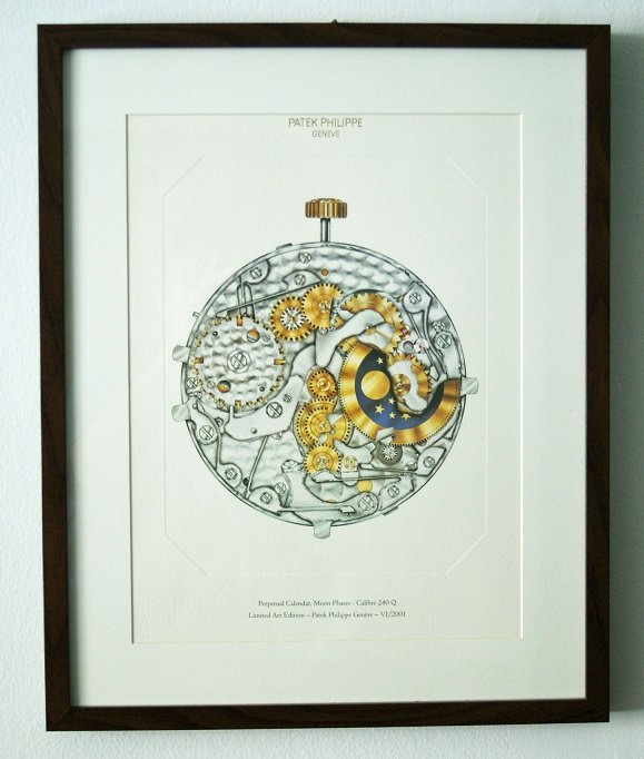 Rare Patek Philippe Watch Caliber 240Q Lithograph: Rare Patek Philippe Caliber 240Q watch lithograph depicting a ultra thin perpetual calendar moon phase wristwatch movement. This caliber is used with models such as the 5139, 5140, 5940, 7140, 3940, 5